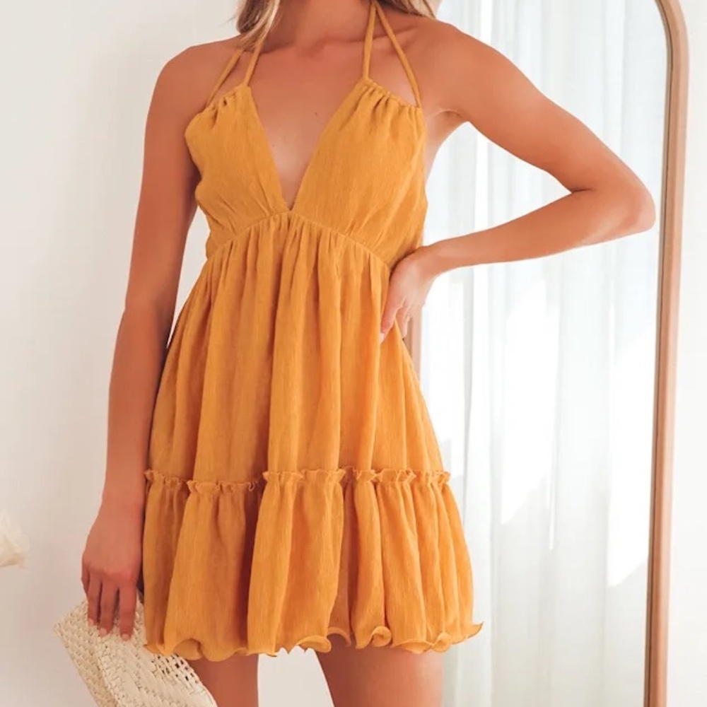 Sweet and Sunny Mustard Yellow Tiered Halter Babydoll Dress